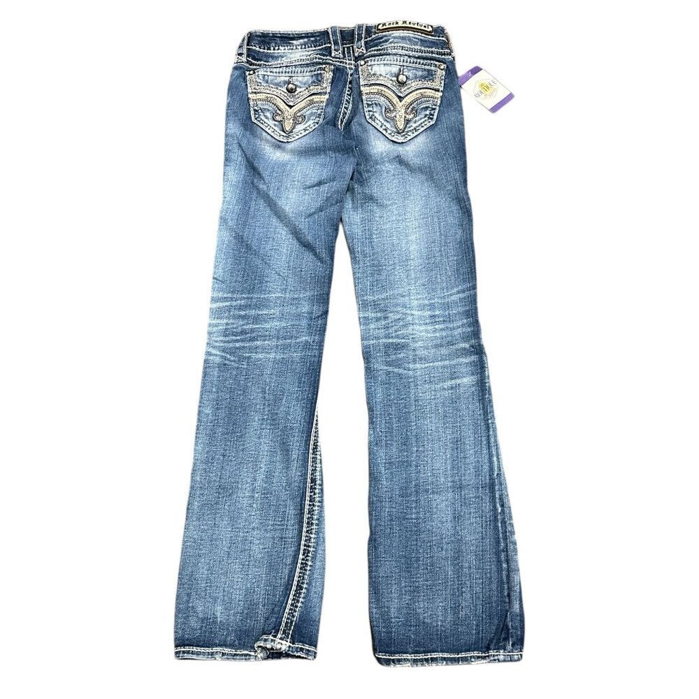Rock Revival Lanlan Bootcut 27 Jeans Swarovski Leather Insert Faux Flap Pocket - Picture 2 of 16